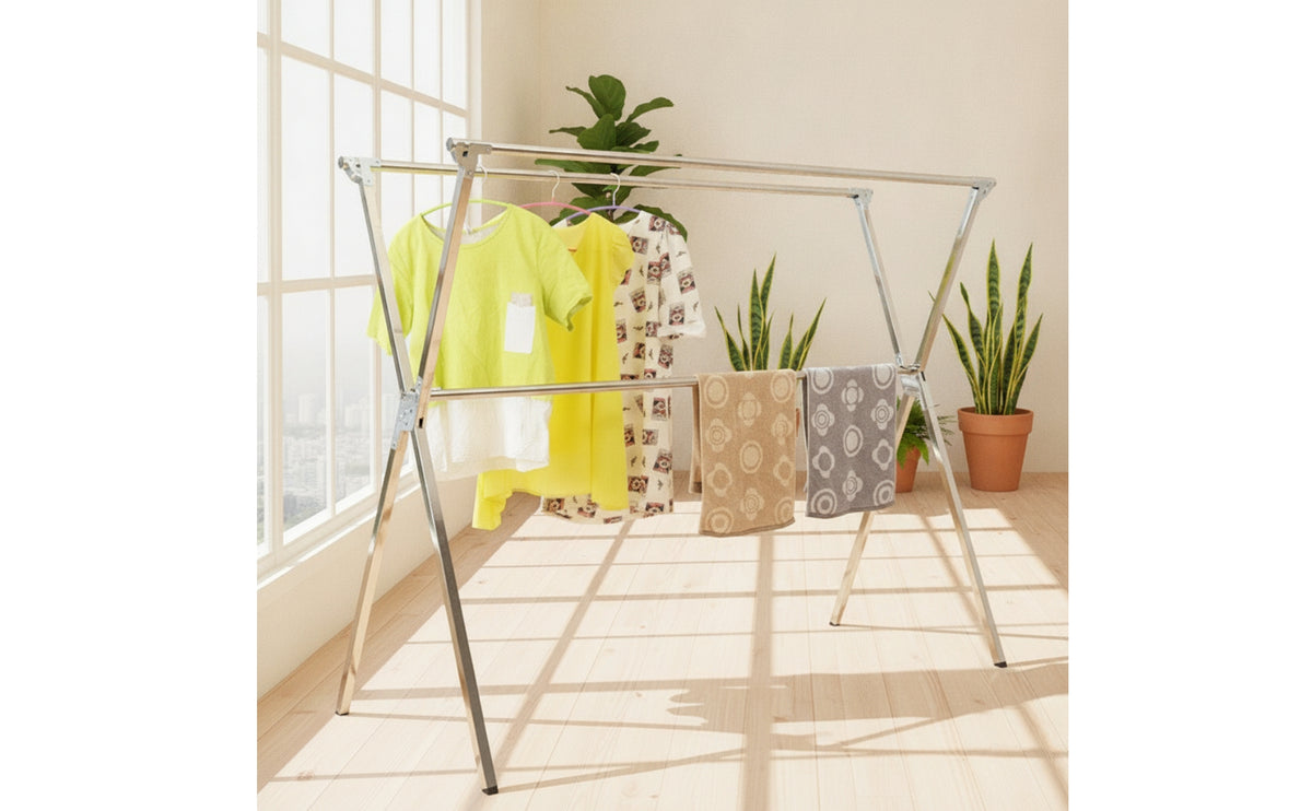 Space-Saving Cross-Frame Clothes Drying Rack Floor-Standing Foldable Drying Rack with Telescoping Portable Furniture Easy to Use for Families, Apartment