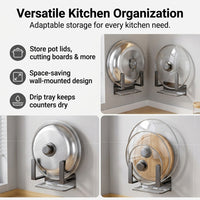 2 Pack Pot Lid Holder, Wall Mount Pan Lid Holder with Drip Tray, No-Drill Stainless Steel Lid Storage Rack, Modern Kitchen Organiser for Cupboard