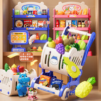 Hippo Supermarket Pretend Play Set with Shopping Cart, Fruits, Vegetables, BBQ, Snacks, and Cutting Toys