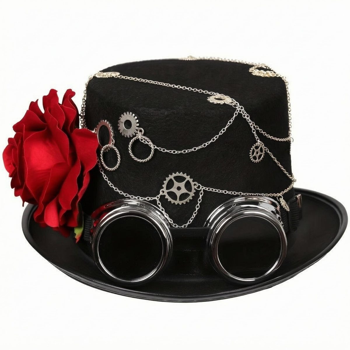 Black Steampunk Top Hat Silver-Tone Chain Top Hat with Goggles Wide Brim