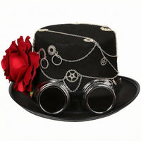 Black Steampunk Top Hat Silver-Tone Chain Top Hat with Goggles Wide Brim