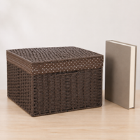 Paper Rope Storage Basket with Lid, 38x26x25cm Woven Rectangular Hamper, Plaid Lined for Living Room & Kids Bedroom