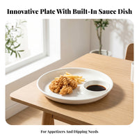White Dumpling Plate with Sauce Dish Glossy Plate with Dipping Bowl Raised Rim 3 Compartment Snack Dish Integrated Piece