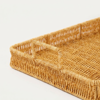 Woven Serving Tray with Handles, Rustic Wicker Snack Display, Iron Frame, Breakfast Serving Basket, Light Coffee Rattan Tray