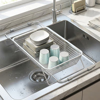 Dish Rack and Sink Strainer with Handles, Expandable 304 Stainless Steel Dish Drainer, Space Saving Draining Board for Kitchen Sink Counter Use