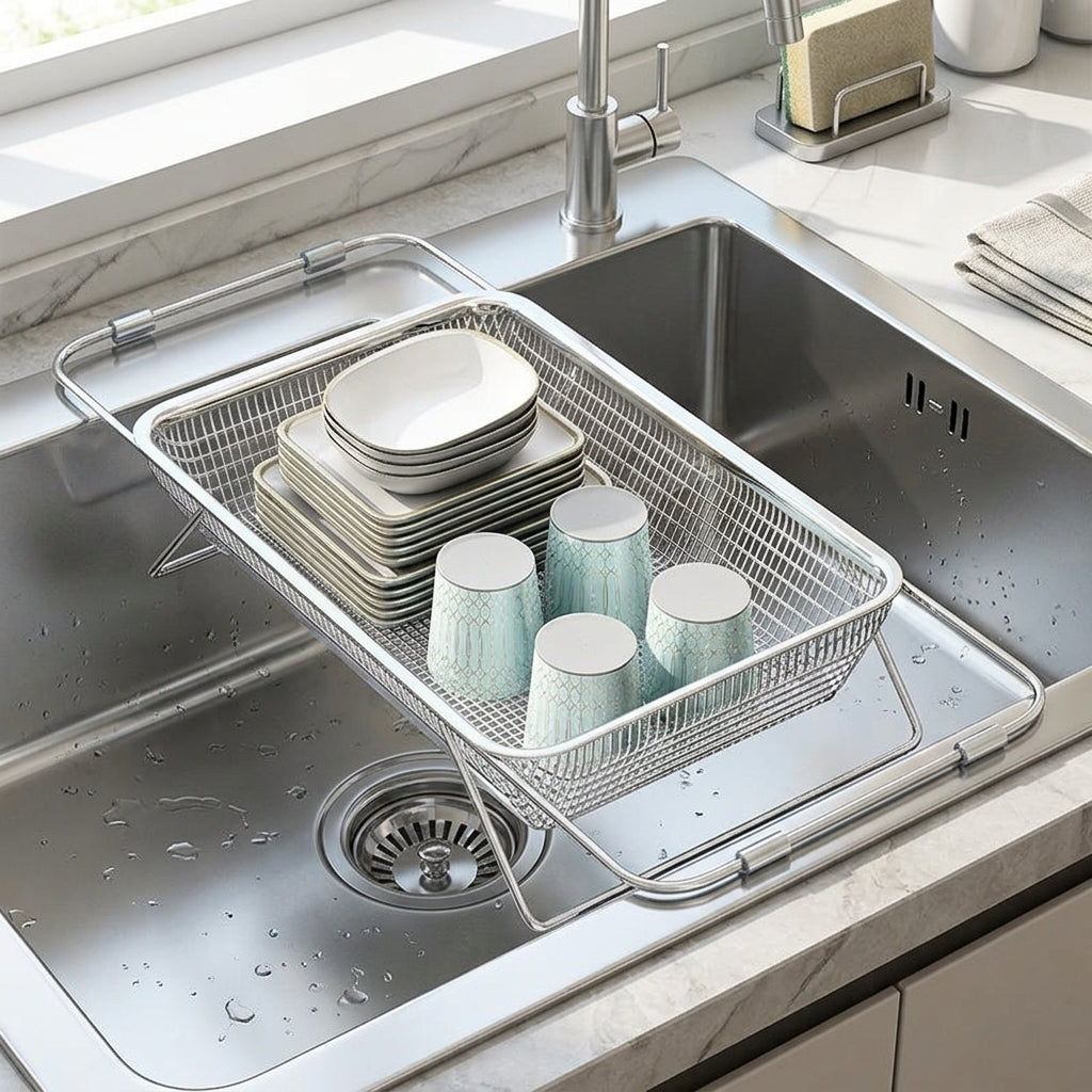 Expandable Dish Rack and Dish Drainer with Sink Strainer, 304 Stainless Steel Draining Board with Handles, Space Saving Kitchen Sink Organizer