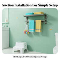 Suction Cup Mount Foldable Towel Rack with Hooks Wall Mounted Foldable Bath Shelf with Hooks Drillwithout-Drilling Installation Bathroom Fixture Space Saving for Homeowners, Property Managers, Toilet, Restroom, Shower Room, Hotel