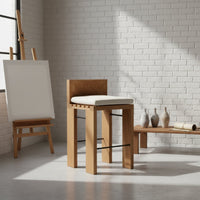 Wabi-Sabi Aesthetic Solid Wood High Chair with Cushion Retro Design Wooden Bar Stool with Backrest Upholstered Counter Height Stool for Cafe