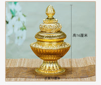 Tibetan Three-Tier Rice Box for Buddhist Altar with Eight Auspicious Symbols