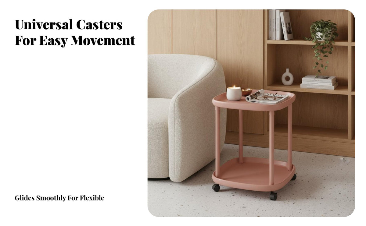 Movable with Wheels 2-Tier Rolling Stand Space-Saving 2-Tier Clover-Top Nightstand Mobile Design Household Furniture Lockable Casters for Apartment Dwellers, Students, Homeowners, Bedroom, Small Areas, Dorm Room, Home Awayice