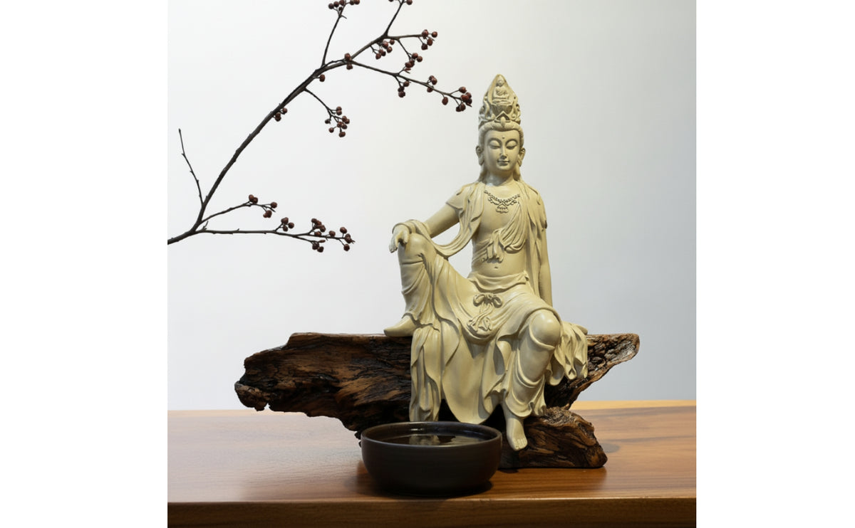 Seated Guanyin Sculpture Ornate Guanyin Figurine Carved Kuan Yin Figurine for Buddhists, Collectors, Meditation Corner, Tea Room, Entryway