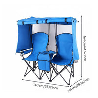 Double Folding Chair with Umbrella Foldable Design Portable Beach Loveseat with Canopy Storage Pockets Outdoor Furniture for Picnic, Backyard