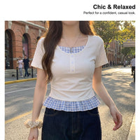 T Shirts for Women UK with Plaid Panel Patchwork Design, Oversized Loose Fit Round Neck Ladies for Work and Office Wear, Short Sleeve Tops