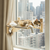 Cat Window Hammock with Suction Cups, Wooden Perch for Sunbathing and Viewing