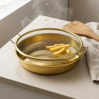 2 Pieces Two Handles Drain Basket and Plate Set Metal Rim Frying Drain Basket Gold-Tone Food Strainer Boxed Packaging