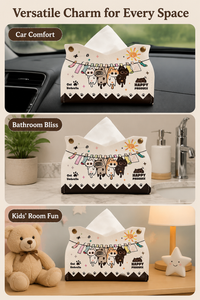 Waterproof Tissue Box Cover, White Leather Tissue Box Holder with Cartoon Print, 24x20x17.5cm Pull-Out Tissue Holder for Car, Living Room, Bathroom