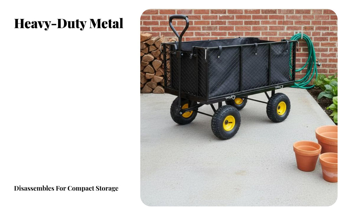 Heavy Duty Steel Mesh Wagon 350kg Load Capacity Heavy Duty Garden Trolley Multi-Terrain Wheels Removable Side Garden Wagon for Homeowners, Outdoor