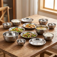 Stainless Steel Camping Dinnerware Set, Matte Silver, 11.4cm Salad Bowl, Reusable Picnic Dinnerware for 6 People