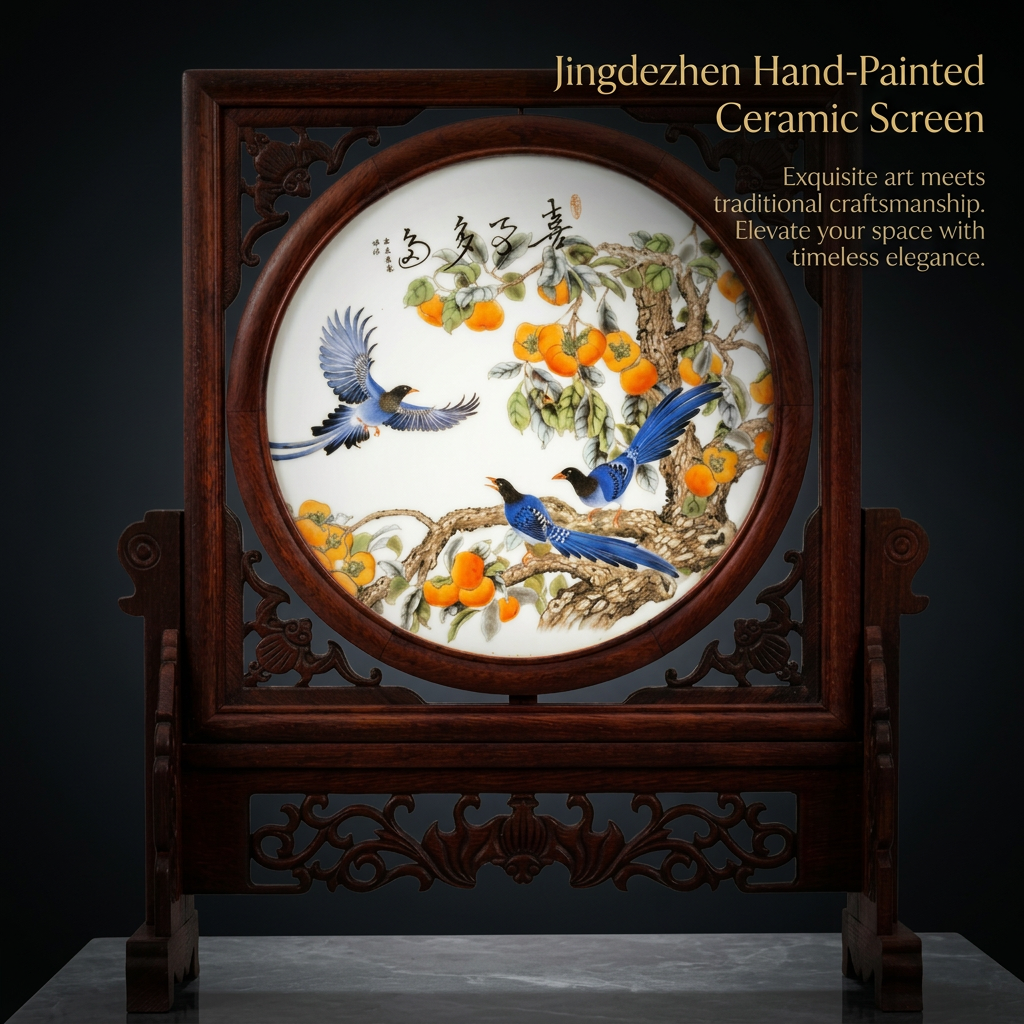 Rosewood Carved Desktop Screen Ornament, Vintage Style Porcelain Panel Table Divider for Desk, Chinese Floral Bird Painting Decor