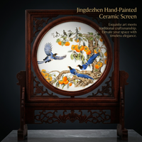 Rosewood Carved Desktop Screen Ornament, Vintage Style Porcelain Panel Table Divider for Desk, Chinese Floral Bird Painting Decor