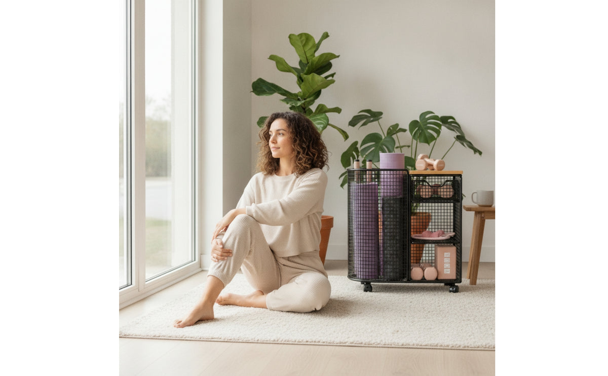 Mesh Storage Cart with Wood Top Compact Rolling Cart with Table Top Space-Saving Rolling Organizer Rack for Yogis, Small Apartment, Fitness Studio