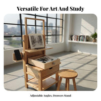 Solid Wood Sketching Stool with Drawing Board Sturdy Construction Tilting Drawing Desk with Stool Multi-Purpose Height Adjustable Art Table Space-Saving for Painters, Designers, Hobbyists, Classroom, School, Home, Workshop