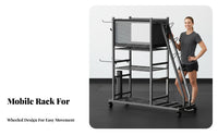 Large Capacity Home Gym Storage Rack Movable with Locking Wheels Exercise Mat and Dumbbell Holder Lockable Casters Dumbbell and Exercise Mat Stand Heavy-Duty for Garage