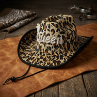 Cowboy Hat with Chin Cord Western-Style Leopard Print Hat Rhinestone for Women, Festivals, Photo Shoots, Streetwear