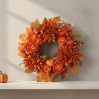 Wreath with Chrysanthemums Artificial Autumn Wreath Layered for Mantel