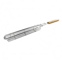 Wooden Handle Wire Mesh Grill Basket Hanging Loop Hinged Grill Basket Rigid Frame Cooking Gear Smooth Grip for Barbecue, Grilling