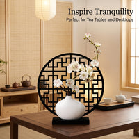 New Chinese Decorative Screen Ornament, Wood Tabletop Decor for Living Room, Artificial Plum Blossoms Home Decor, Geometric Art Gift for Friends