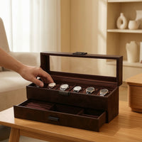 Vintage-Style Watch and Jewelry Organizer PU Leather Watch Box with Glass Lid Divided Jewelry Box with Glass Lid Dust-Resistant for Collectors, Dresser, Vanity Table, Closet