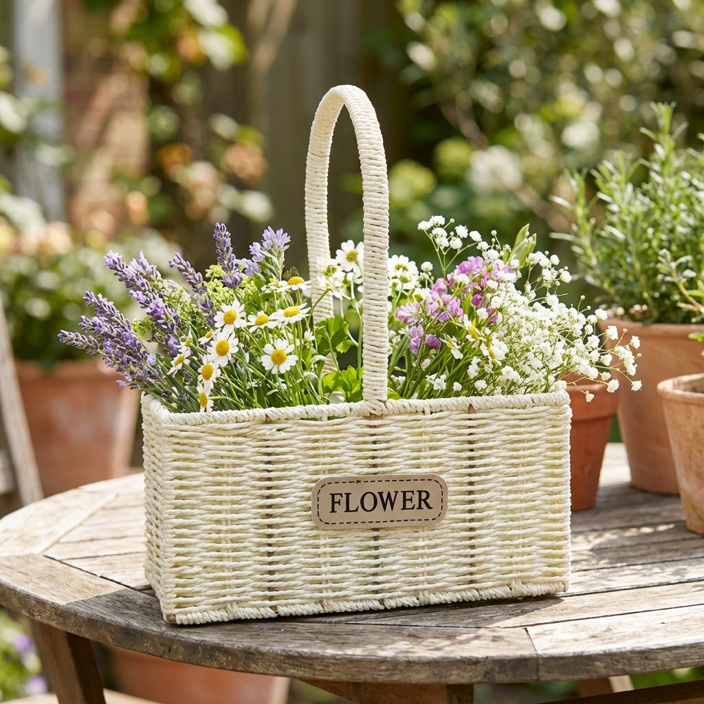 Handmade Basket Material Wicker Flower Basket Rustic Design Half Moon Tote Bag for Homeowners, Adults, Living Room, Bedroom, Shop Display