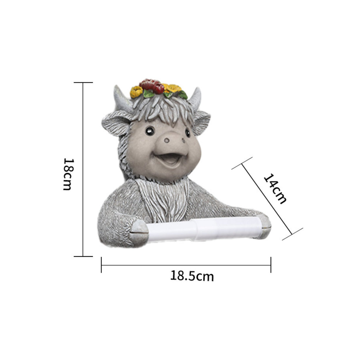 Drill-No-Drill Installation Highland Cow Toilet Paper Holder Decorative Cute Cow Paper Roll Dispenser Ideal Gift Funny Creature Tissue Holder Easy to Clean for Children, Powder Room, Cabin, Kitchen