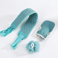 Bath Scrubber Set for Adults, Exfoliating Back Strap with Long Handles, Three Piece Kit with Mitt and Gloves, Textured Surface for