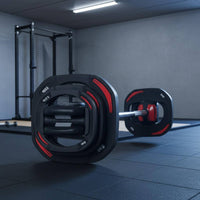 Silver-Colored Standard Barbell and Plates Red Accents Barbell Set Straight Design Weight Bar Large Center Opening