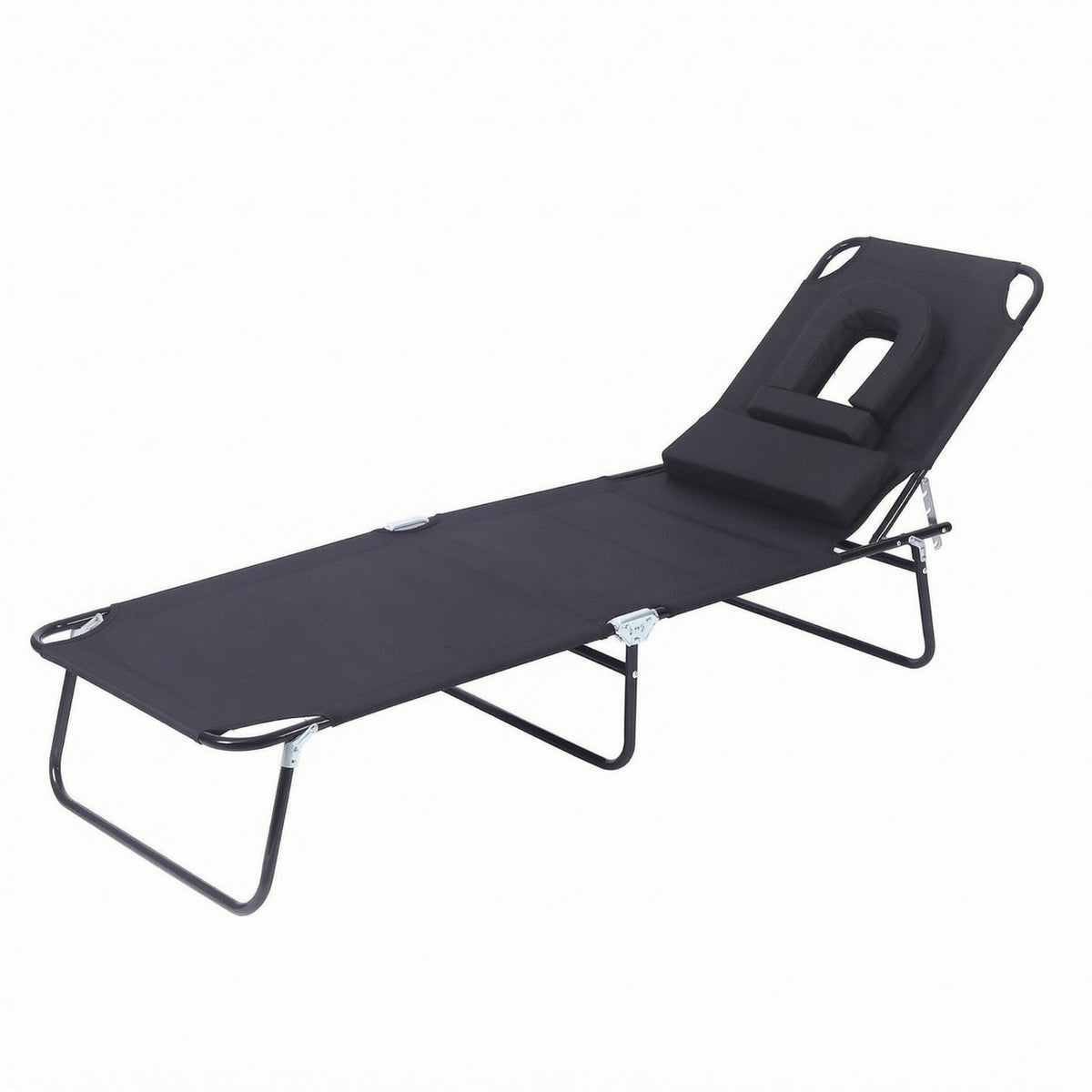 Adjustable Backrest Folding Lounge Chair Metal Frame Folding Outdoor Cot Textile Surface Reclining Cot Side Support Loops for Patio, Balcony, Yard, Sunbathing Area