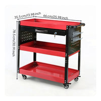 Stable Three-Tier Tool Cart with Drawer Customizable Mobile Service Cart with Pegboard Secure Rolling Workshop Organizer Vertical for DIY Enthusiasts, Repair Station