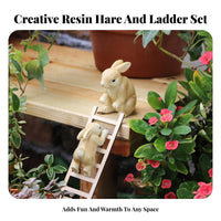 Weather Resistant Resin Rabbit Ladder Set Adorable Design Rabbit Climbing Ladder Statue Lifelike Features Easter Bunny Ornament Hand-Painted for Gardeners, Flower Pot, Patio, Desktop