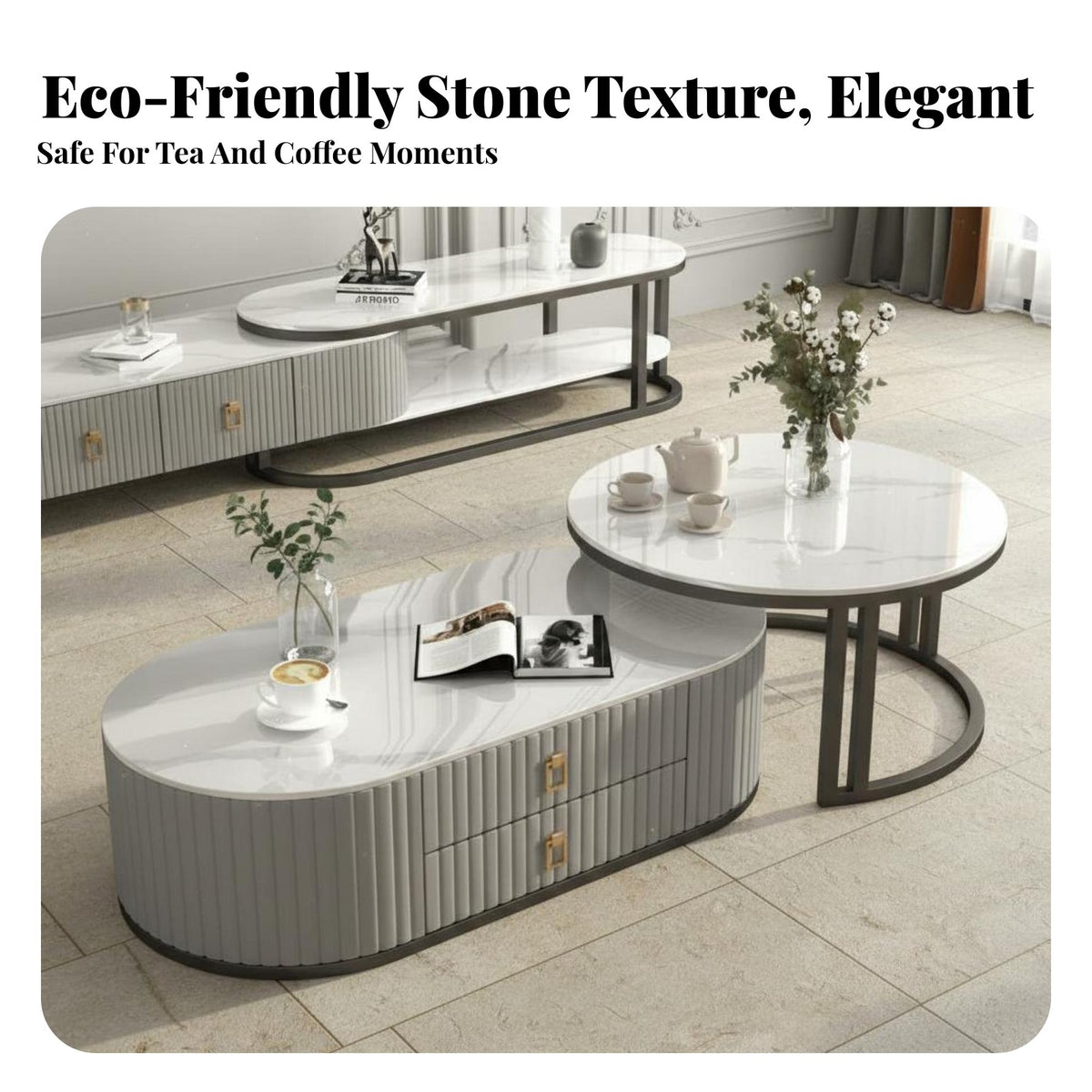 2 Pieces Sintered St Single Surface Table Easy to Clean Modern Coffee Table with Drawers Light Luxury Design 2 Piece Living Room Tables for Adults