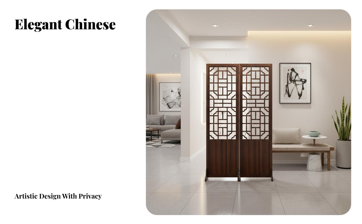 Chinese Design Folding Screen Foldable Design Oriental Hollow-out Screen Solid Wood Frame Wooden Lattice Partition for Renters, Office Workers