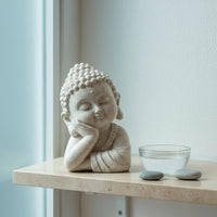Serene Countenance Zen Buddha Head Statue Imitation Stone Finish Cute Monk Sculpture Artisan-Made Look Little Buddha Statue for Office