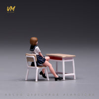 VM 1/64 School Uniform Short Hair Girl Miniature Figure with Desk and Chair Set for Classroom Scene