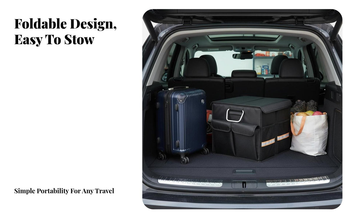 Foldable Design Collapsible Storage Bin Large Capacity Collapsible Caron-the-Go Container Anti-Slip Bottom Trunk Organizer Adjustable Compartments for Car Owners, Travelers, Families, Vehicle Interior, Long-Distance Travels, Grocery Shopping, Camping