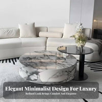 Wabi-Sabi Aesthetic Round Drum Table Minimalist Design Living Room Furniture Faux Travertine Finish Rounded Edges for Interior Designers, Apartment Dwellers, Families with Children, Small Areas, Lounge Area, Home Office, Bedroom
