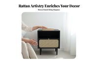 Nordic and design Rattan Drawer Cabinet Minimalist woven-rattan Drawer Side Table Woven Front Nightstand sturdy Wood Legs for Apartment Dwellers, homeowners, Students, Bedroom, Living Room, Small areas, Office