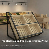Adjustable Tilt Multi-Tier Fruit and Vegetable Rack Sturdy Metal Frame Multi-Tier Fruit Display Rack Versatile Use Slanted Vegetable Stand Solid Wood Baskets for Grocers, Farmers' Market Vendors, Shop Owners, Cafe