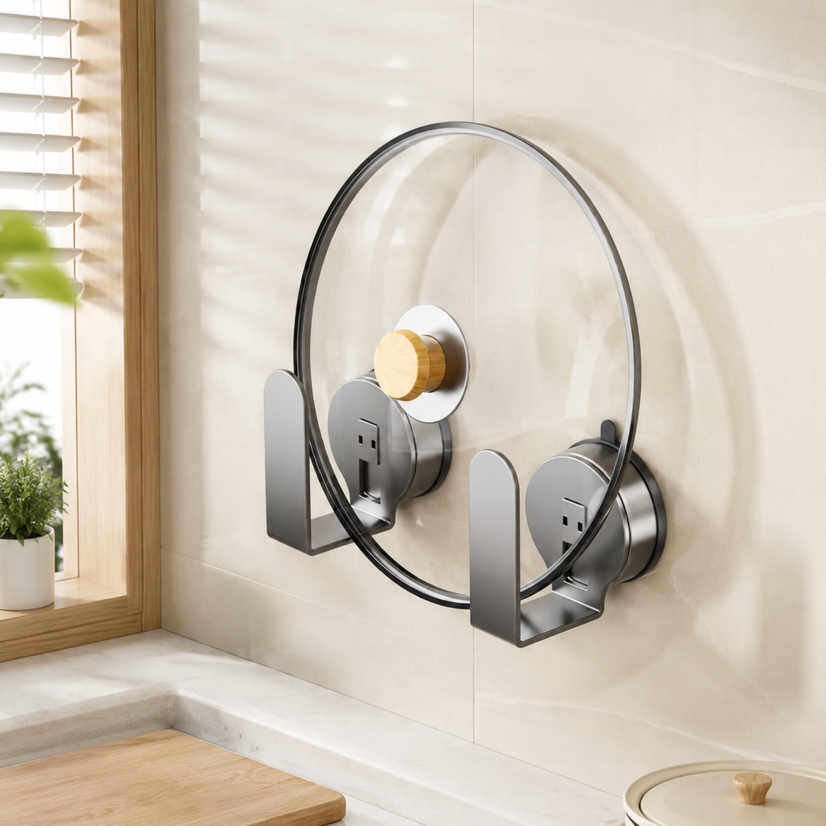 Pot Lid Stand, Cutting Board Stand, Kitchen Rack, Suction Cup Type, No Wall Drilling Required, Compatible with Rental Homes, Modern Minimalist Design