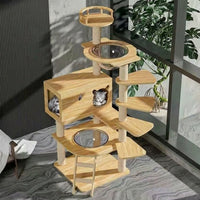 Cat Activity Tree with House and Bed, 5-Level Solid Wood Scratching Board, Ladder Meow and Hammock for Large Indoor Cats to Play and Rest