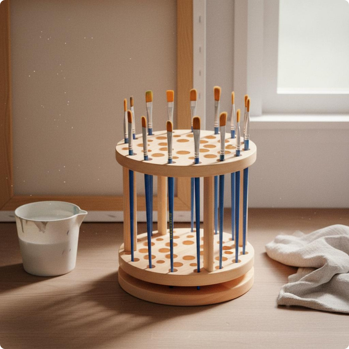 Two-Tier Rotating Brush Holder Natural Wood Finish Wooden Brush Holder Compact Desk Organizer Upright